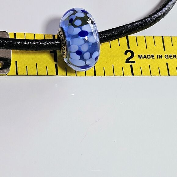 **Sale** Pandora Black Cord Bracelet W/ Large Blue Flowered Murano Glass Bead 7" - Picture 9 of 16